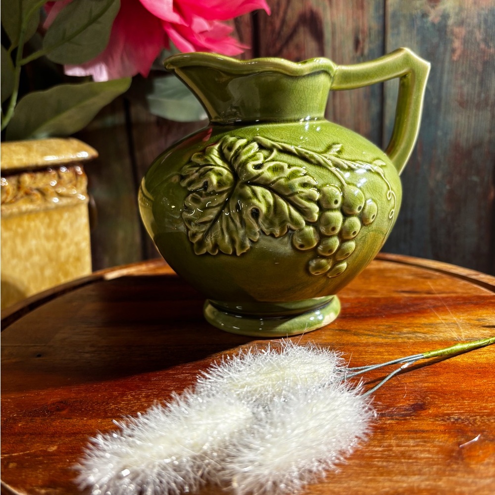 Green Ceramic Pitcher with Grape Design
